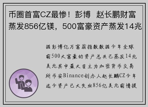 币圈首富CZ最惨！彭博  赵长鹏财富蒸发856亿镁，500富豪资产蒸发14兆