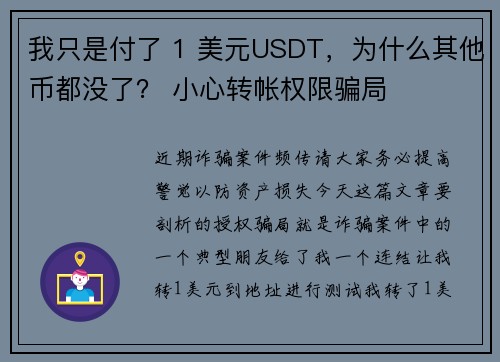 我只是付了 1 美元USDT，为什么其他币都没了？ 小心转帐权限骗局